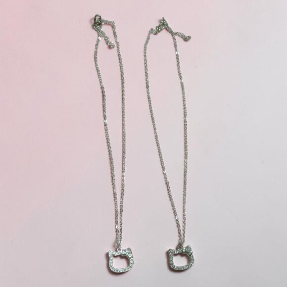Jewelry - Silver Tone Rhinestone Cat Necklaces, Dainty Kitty Pendant Jewelry Set